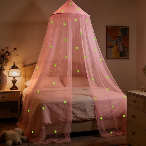 Pink Princess Bed Canopy with Glow-in-the-Dark Stars - Round Dome Curtain