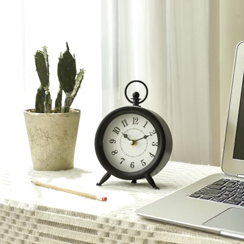 Retro Silent Tabletop Desk Clock, 7-Inch Small Black Decorative Shelf Clock