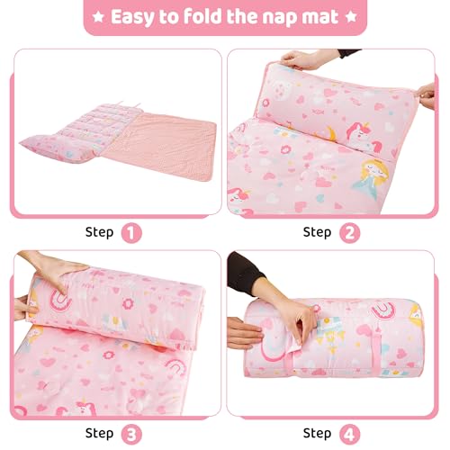 Toddler Nap Mat with Removable Pillow and Blanket for Preschool Daycare