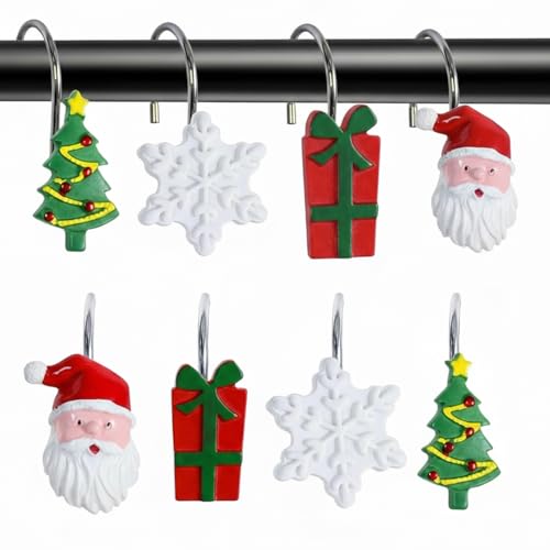 ZCHOMI 12PCS Christmas Shower Curtain Hooks - 4 Design Winter Holiday Bath Decor