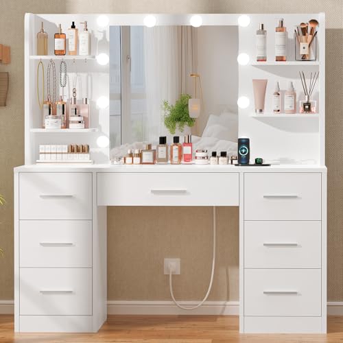 Large Makeup Vanity Desk with LED Lighted Mirror, Charging Station & 7 Drawers