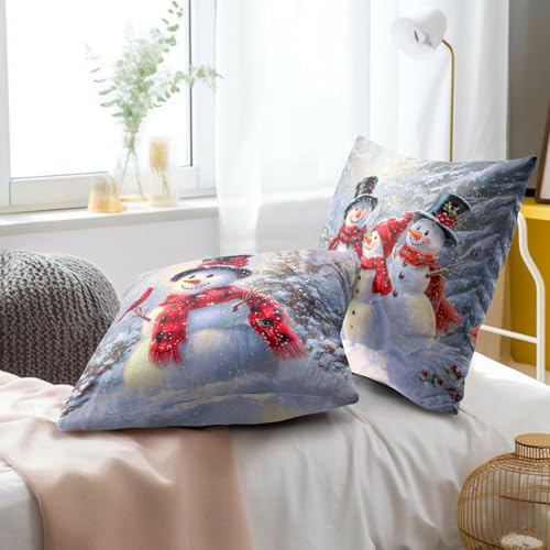 Barneova Snowman Christmas Pillow Covers 16x16 Inch Set of 2 - Winter Snowflake Decor