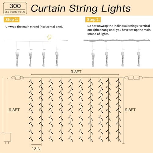 300 LED Warm White Curtain String Lights - 9.8x9.8FT, 8 Modes & Timer