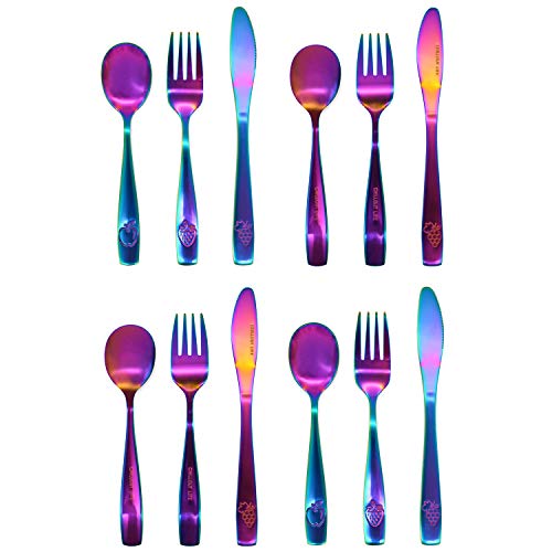12-Piece Stainless Steel Kids Silverware Set - Toddler Safe Flatware with Rainbow Finish