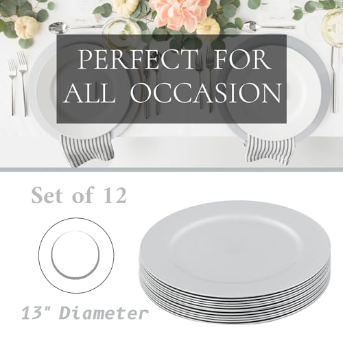 12-Pack 13-Inch Silver Charger Plates Set for Dinner Table - Elegant Plastic Tableware