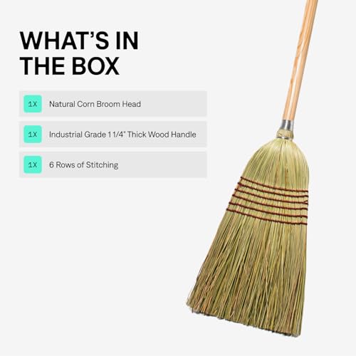 Heavy Duty Handmade Corn Broom with Wood Handle - 56" Indoor Outdoor