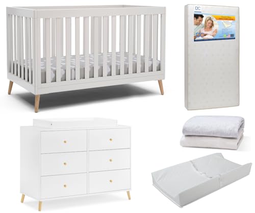 Delta Children Essex 4-in-1 Convertible Crib & 6-Piece Nursery Set - Bianca White with Natural Legs