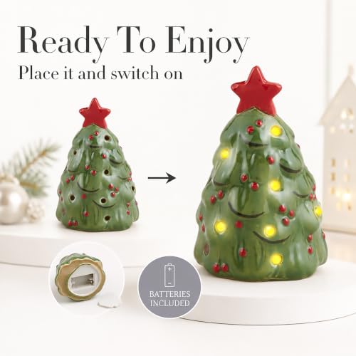 Mud Pie Light Up Christmas Tree Sitter – Green Stoneware LED Tabletop Decor