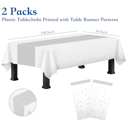 White and Silver Disposable Tablecloths 2 Pack 54x108 Inch for Party Decorations
