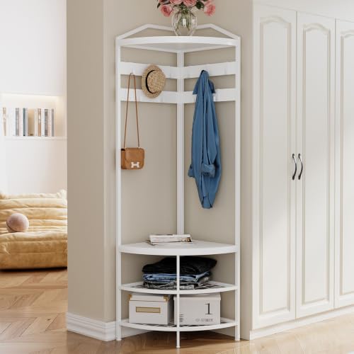 Corner Hall Tree with Shoe Bench and 10 Hooks - Freestanding Entryway Organizer
