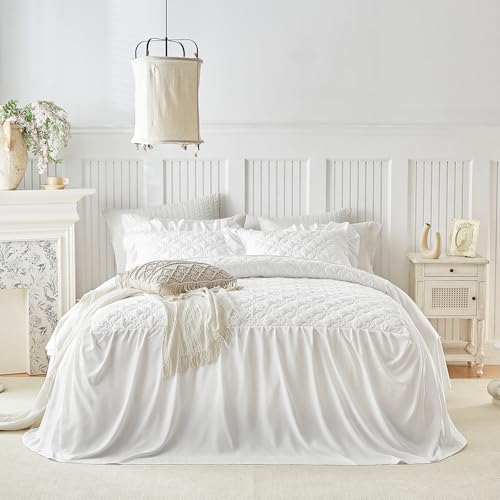 UOZZI BEDDING Queen Ruffle Skirt Bedspread Set - 30" Drop White Quilt