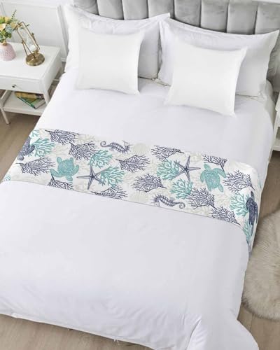 Coastal Sea Turtle Bed Runner for Full/Queen Bed - 83x20 Satin Bed Scarf