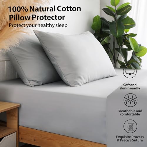 100% Cotton King Size Pillow Protectors, 600 Thread Count Gray, Set of 2
