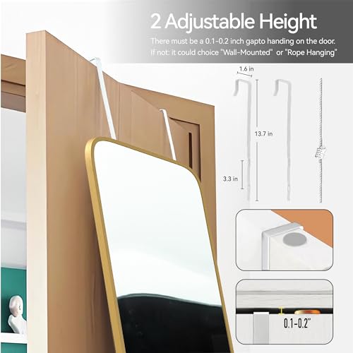 47x14 Full Length Mirror, Over-the-Door or Wall Mounted Aluminum Frame