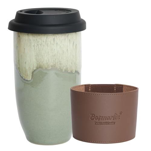 Bosmarlin Pale Green Ceramic Travel Coffee Mug 16 Oz, Microwave & Dishwasher Safe