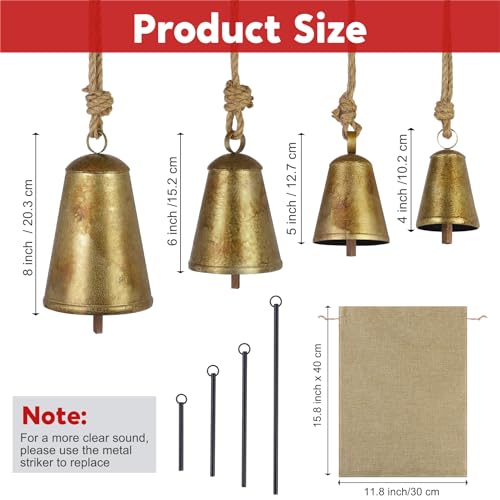 Fovths 4-Piece Christmas Cow Bells Set with 4 Sizes | Rustic Metal Hanging Decor