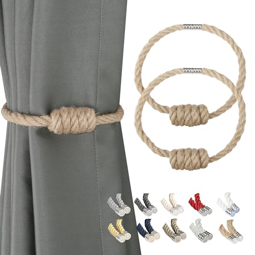 Magnetic Jute Curtain Tiebacks - Hand-Woven Boho Curtain Holdbacks (2 Pack)