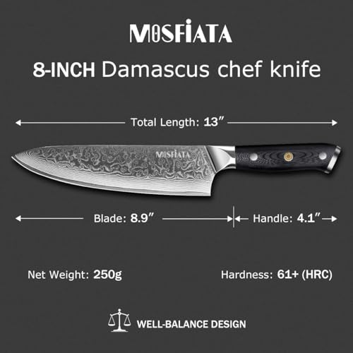 MOSFiATA 3-Piece Damascus Chef Knife Set VG-10 Steel with Gift Box, Includes 8" Chef, 7" Santoku & 5" Utility Knives