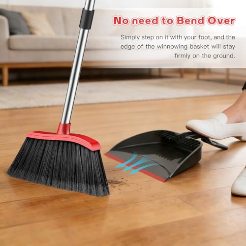 Broom and Step-On Dustpan Set with Adjustable Long Handle & Comb