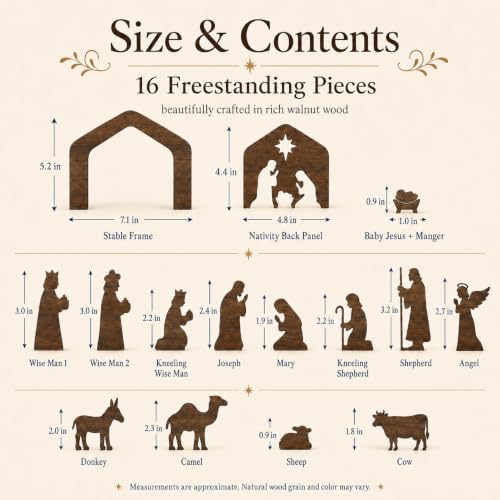 Hawkrown 16-Piece Wooden Nativity Set with Brown Finish for Indoor Christmas Decor