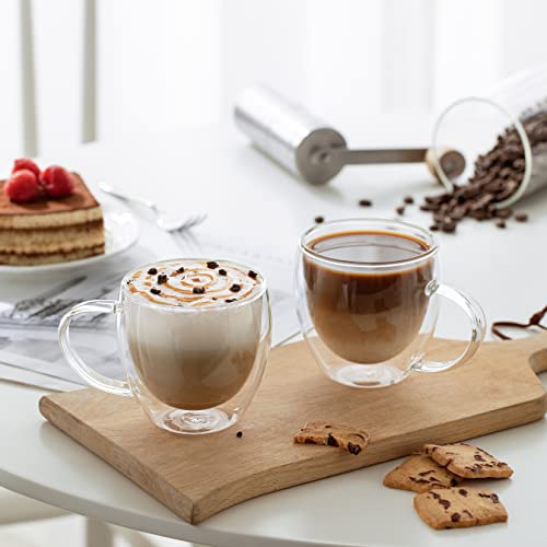 CNGLASS 8.5oz Set of 4 Double Wall Insulated Glass Coffee Mugs with Handle