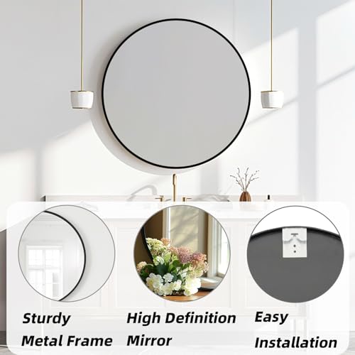 30-Inch Round Wall Mirror with Matte Black Metal Frame for Bathroom Vanity