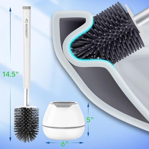 Silicone Toilet Brush and Holder Set with 16" Aluminum Handle & Tweezer - White