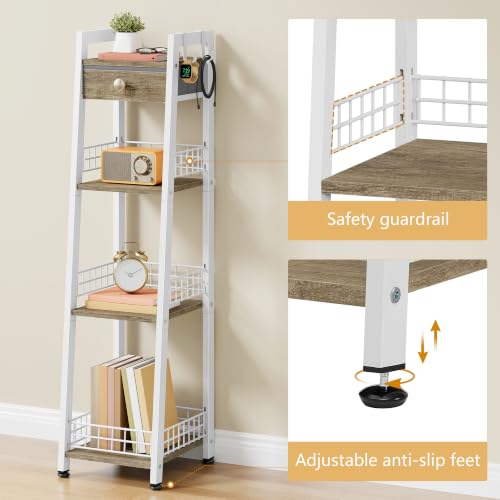 3-Tier Narrow Bathroom Ladder Shelf with Storage Drawer and Hooks, White