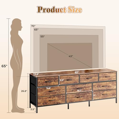 63-Inch Wide Dresser with 10 Fabric Drawers, Rustic Brown TV Stand