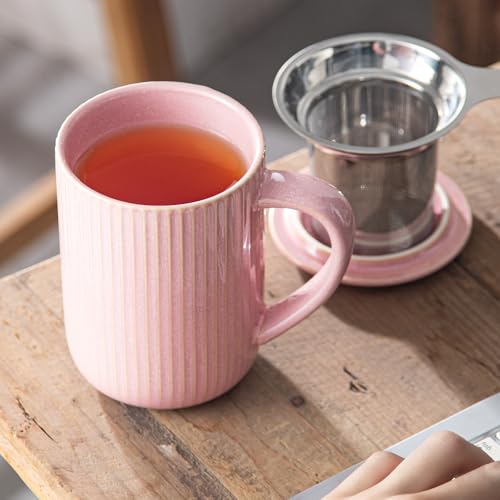 Yundu Flambe Pink Ceramic Tea Cup with Infuser & Lid 15.5oz/470ml