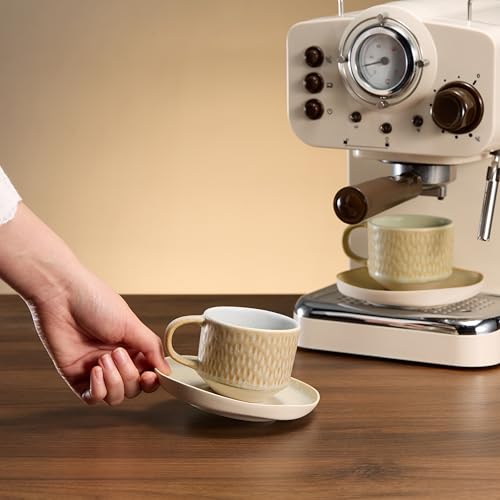 KooK 5.5 Oz Espresso Mug & Saucer Set - Ceramic, Rustic Organic Shape, Multicolor, Dishwasher & Microwave Safe