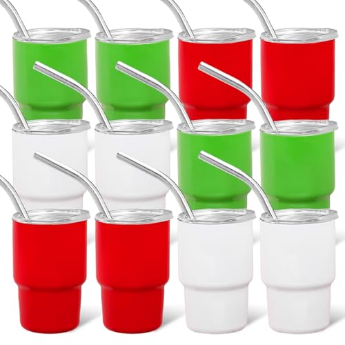 12 Pack Christmas Mini Stainless Steel Tumbler Shots with Lids & Straws