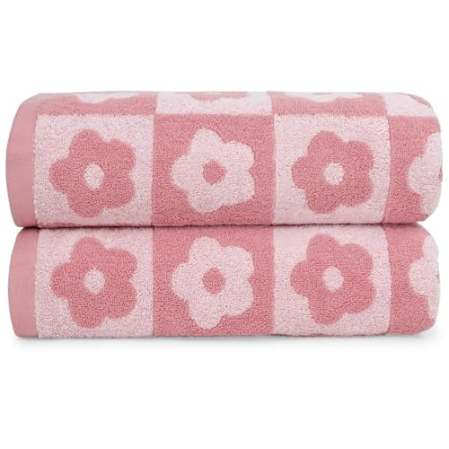 2-Piece Checkered Floral Bath Towel Set, Soft Cotton Shower Towels 27.5x55