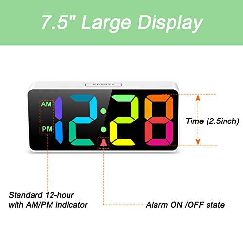 7.5-Inch Large Digital Alarm Clock with Rainbow LED Display and USB Charger