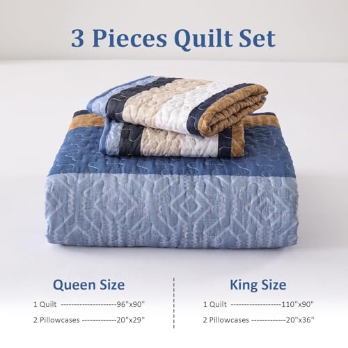 Queen Size Boho Quilt Set with Striped Design - 3-Piece Bedding