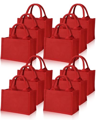 Cunno 12 Pcs Burlap Tote Bags with Handles, Small Reusable Jute Gift Bags, 9.06 x 5.12 x 6.3 cm, Red Style