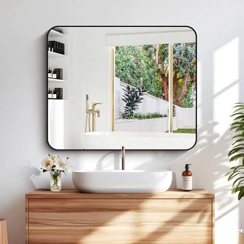 30" x 36" Rectangular Bathroom Mirror, Matte Black Metal Wall Mirror