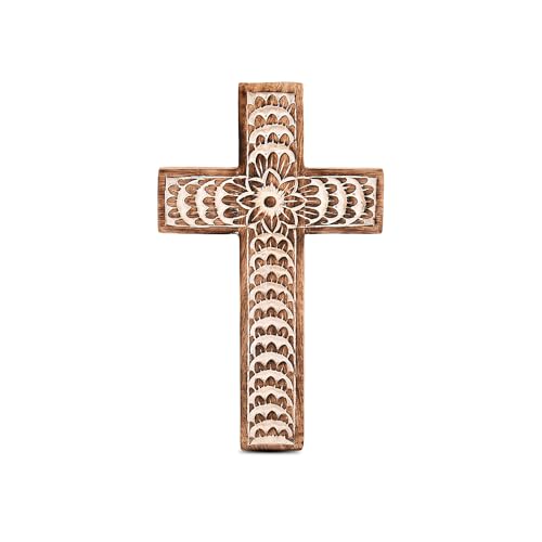 Handcrafted Mango Wood Floral Cross Wall Decor, 10-Inch Religious Art