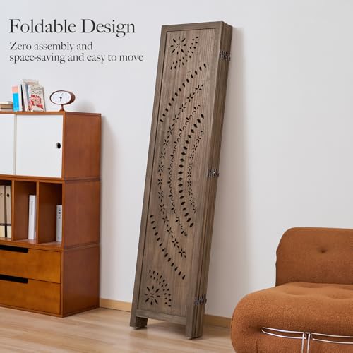 6-Panel Folding Room Divider, Freestanding Wood Carved Privacy Screen