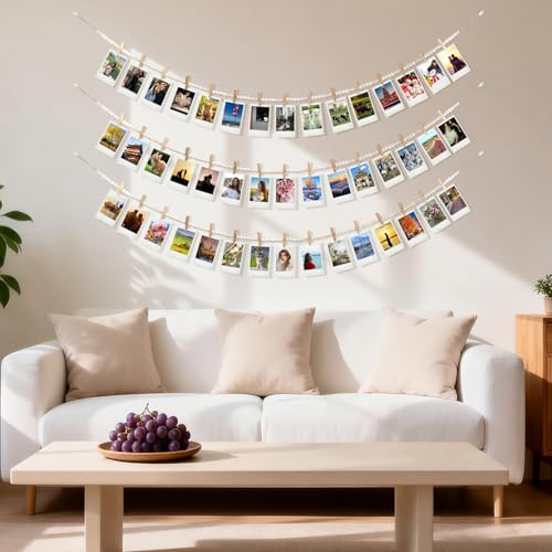 3PCS Boho Wooden Bead Hanging Photo Display with 45 Clips, 67 Inch Wall Art