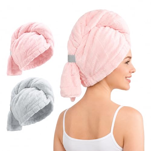 Microfiber Hair Towel Wrap - Super Absorbent Quick Drying Turban for Thick Long Curly Hair (2 Pack)
