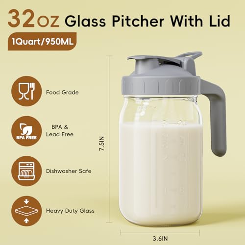 32 oz Wide Mouth Glass Breast Milk Pitcher with Handle & Easy-Pour Lid