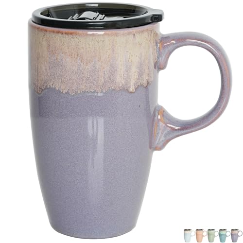 Bosmarlin Deep Purple Ceramic Travel Coffee Mug 18oz with Handle & Lid