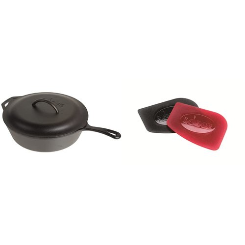Lodge L10CF3 Cast Iron Covered Deep Skillet, Pre-Seasoned, 5-Quart & SCRAPERPK Durable Pan Scrapers, Red and Black, 2-Pack