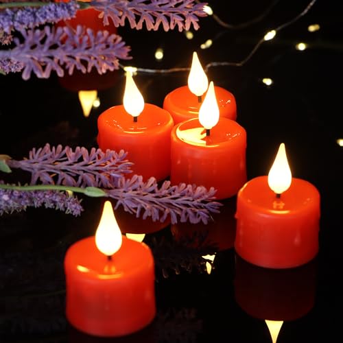 12PCS Rechargeable Flameless Red Tea Light Candles with Remote & Timer