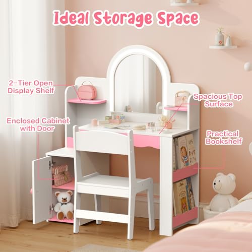 Kids Vanity Table and Chair Set with LED Mirror and Storage, Pink and White