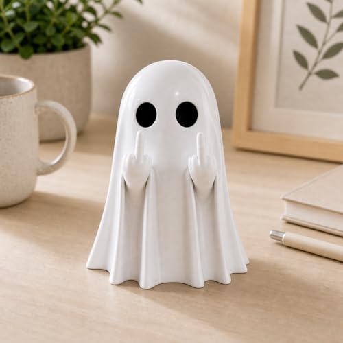 Funny Middle Finger Ghost Figurine, Sassy Resin Halloween Desk Decor