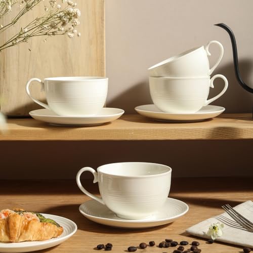 Feenmai 12oz Ceramic Cappuccino Cups & Saucers Set of 4 - White Latte Mug for Coffee & Tea, Microwave & Dishwasher Safe