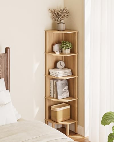 5-Tier Oak Corner Bookshelf, Space-Saving Display Storage Rack
