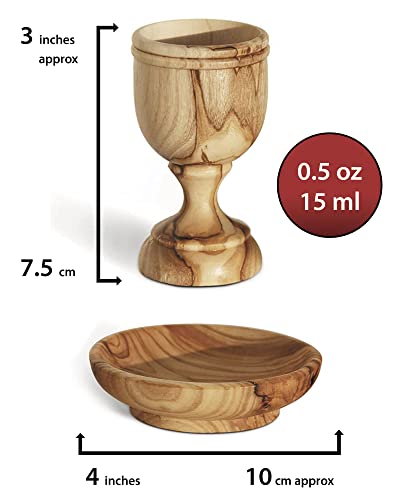 Hand-Carved Olive Wood Communion Set - 4 Goblets and Bread Plate Tray